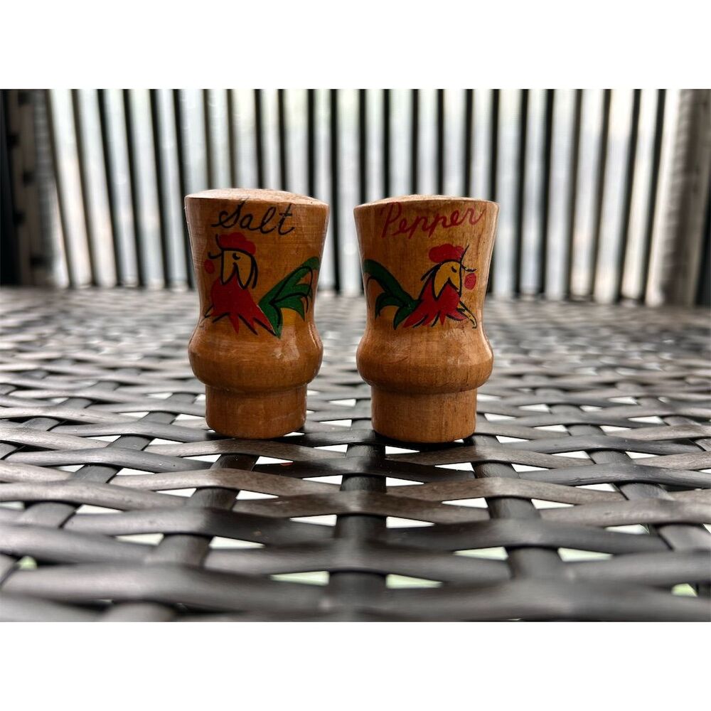 Vintage Wood Rooster Salt and Pepper Shakers Toleware Set of 2